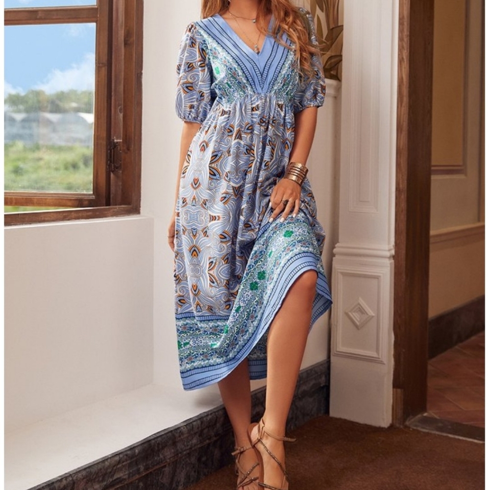 Suzanne Betro Blue Multi-Print V-Neck Midi Dress Sz 1X